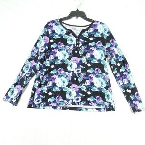 Croft Barrow Henley Top Womens XL Black Multi Floral Rose Print Long Sleeve